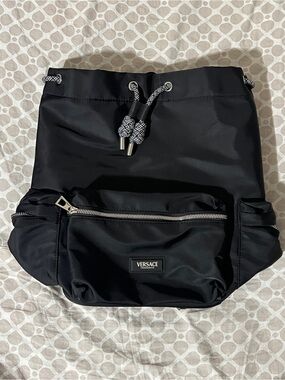 Versace Black Nylon Drawstring Backpack with Contrasting Cord